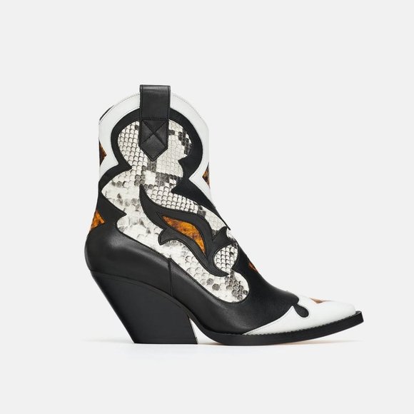 Zara Shoes - Zara Black Snakeskin Print Leather Cowboy Boots 39